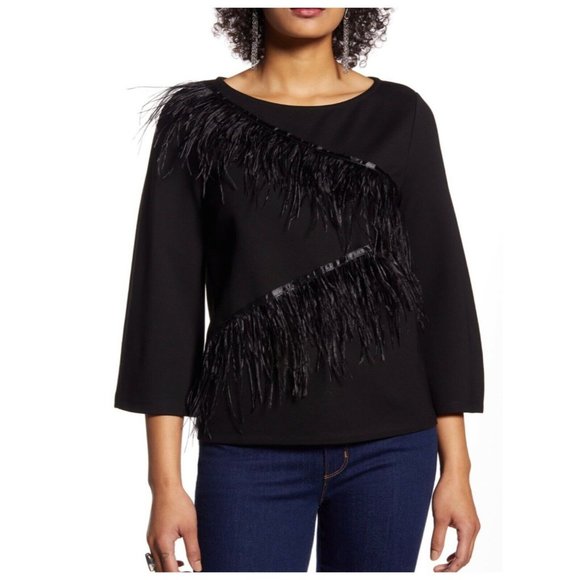 HALOGEN Black Zigzag Feather Trim Bell Sleeves Top - Picture 1 of 8